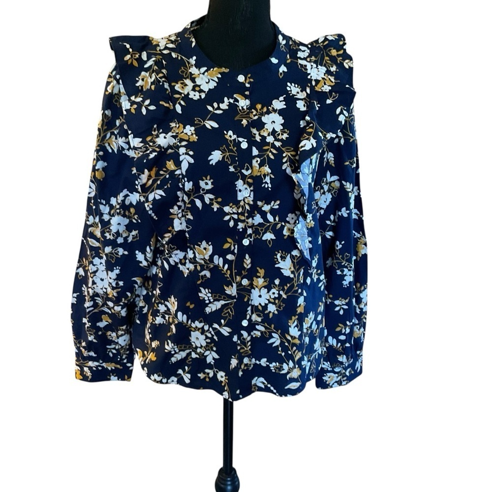 J. Crew Navy Floral Ruffle Blouse Long Sleeve Size L - Picture 2 of 10